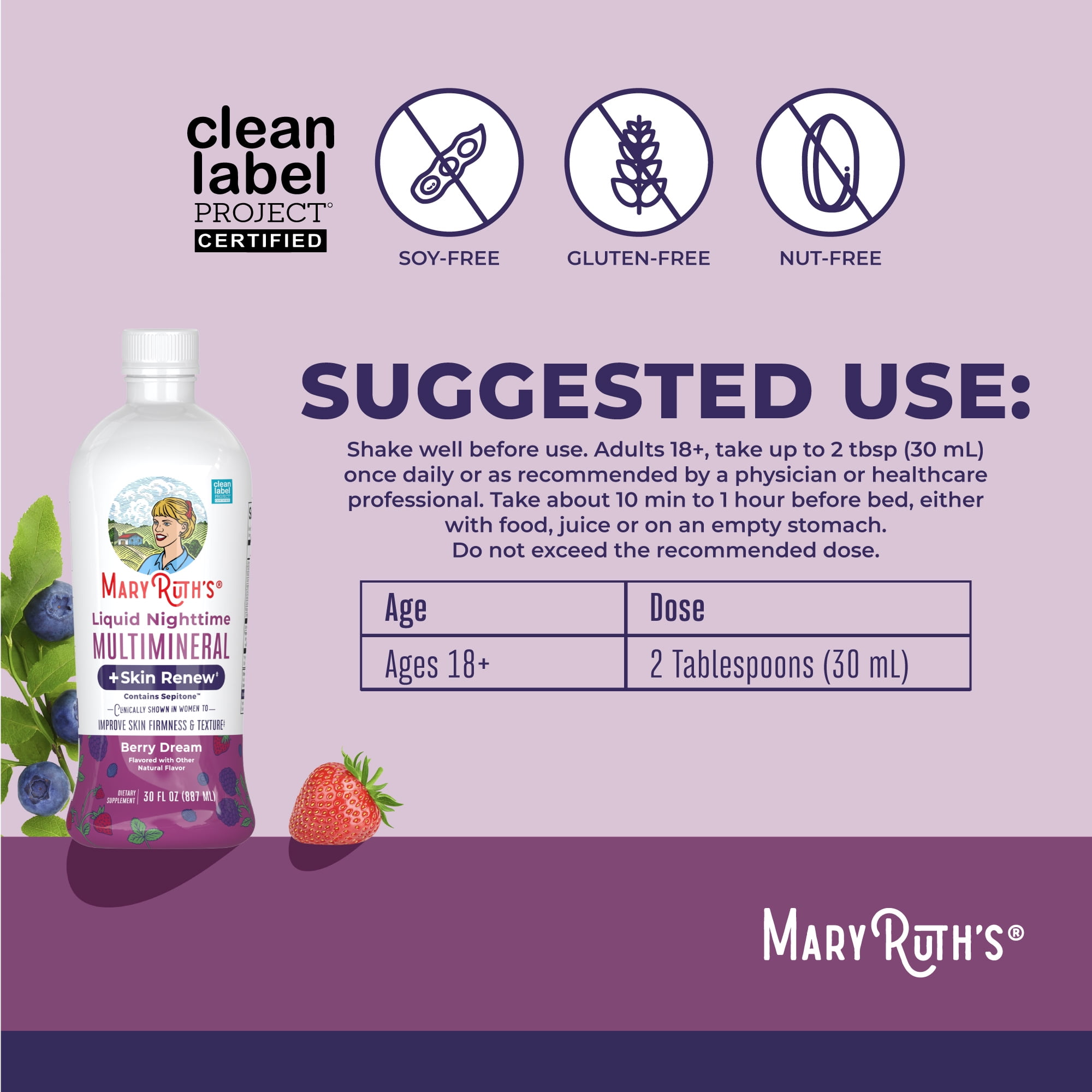 MaryRuth's Nighttime Multimineral Liquid + Skin Renew, Skin Support and Reduce Wrinkles, Berry Dream, Gluten-Free, Vegan, Adults Ages 18+, 30 fl oz