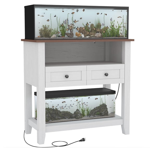 Heavy Duty Aquarium Stand for 20-29 Gallon Fish Tanks, 660 lbs Capacity with Charging Station, Drawers & Open Storage – Gray / Brown-White