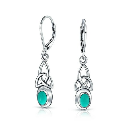 - Celtic Irish Love Knot Work Bezel Set Enhanced Turquoise Leverback Earrings Dangle 925 Sterling Silver