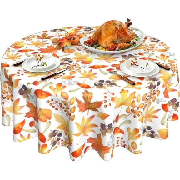 Fall Tablecloth, Autumn Maple Leaf Round Tablecloth 60 Inch, Thanksgiving White Round Table Cloth for Rustic Farmhouse Kitchen Decor, Wipeable Polyester Fabric Table Cover for Outdoor Holiday Party