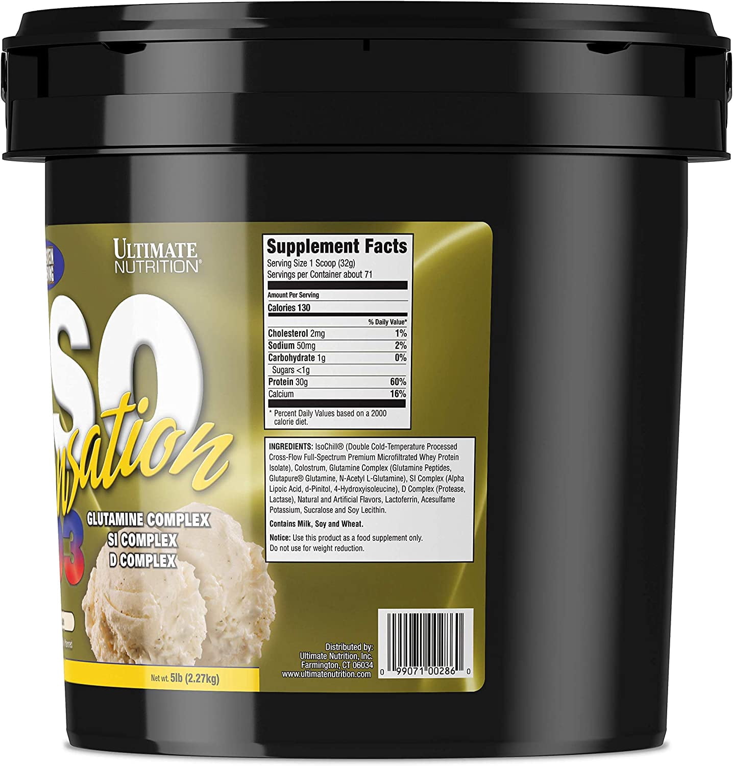 Ultimate Nutrition Iso Sensation 93 with Glutamine, Whey Protein Isolate Powder, 30 Grams of Protein, Low Carb Protein Shakes, Keto Friendly, 5 Pounds, Vanilla Bean Flavoured