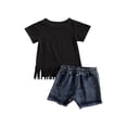 thumbnail image 3 of Summer Baby Girls Short-sleeve Tops Shorts Casual Set Letter Print Tassel T-shirts Ripped Denim Short Pants, 3 of 7