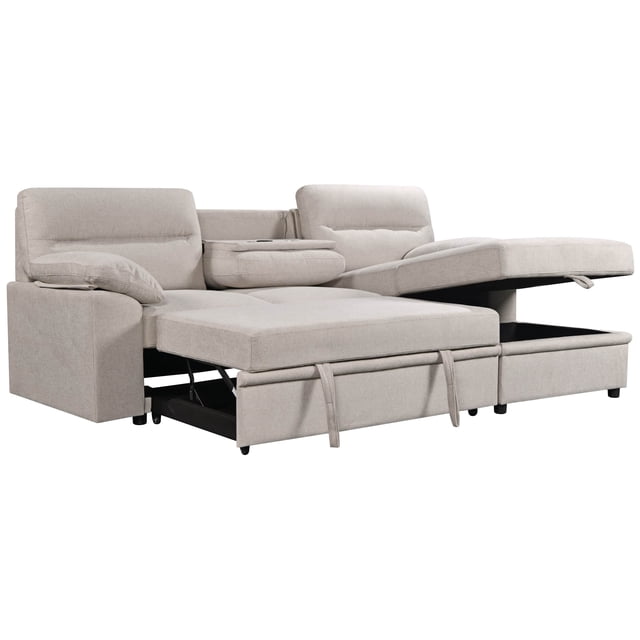 Urban Cali Malibu Canapé Sectionnel-Lit de 94,5 Po de Large avec Plateau Rabattable, Porte-Gobelets, Chargeur Sans Fil et Méridienne de Rangement (Méridienne Orientée à Droite / Belfast Beige)