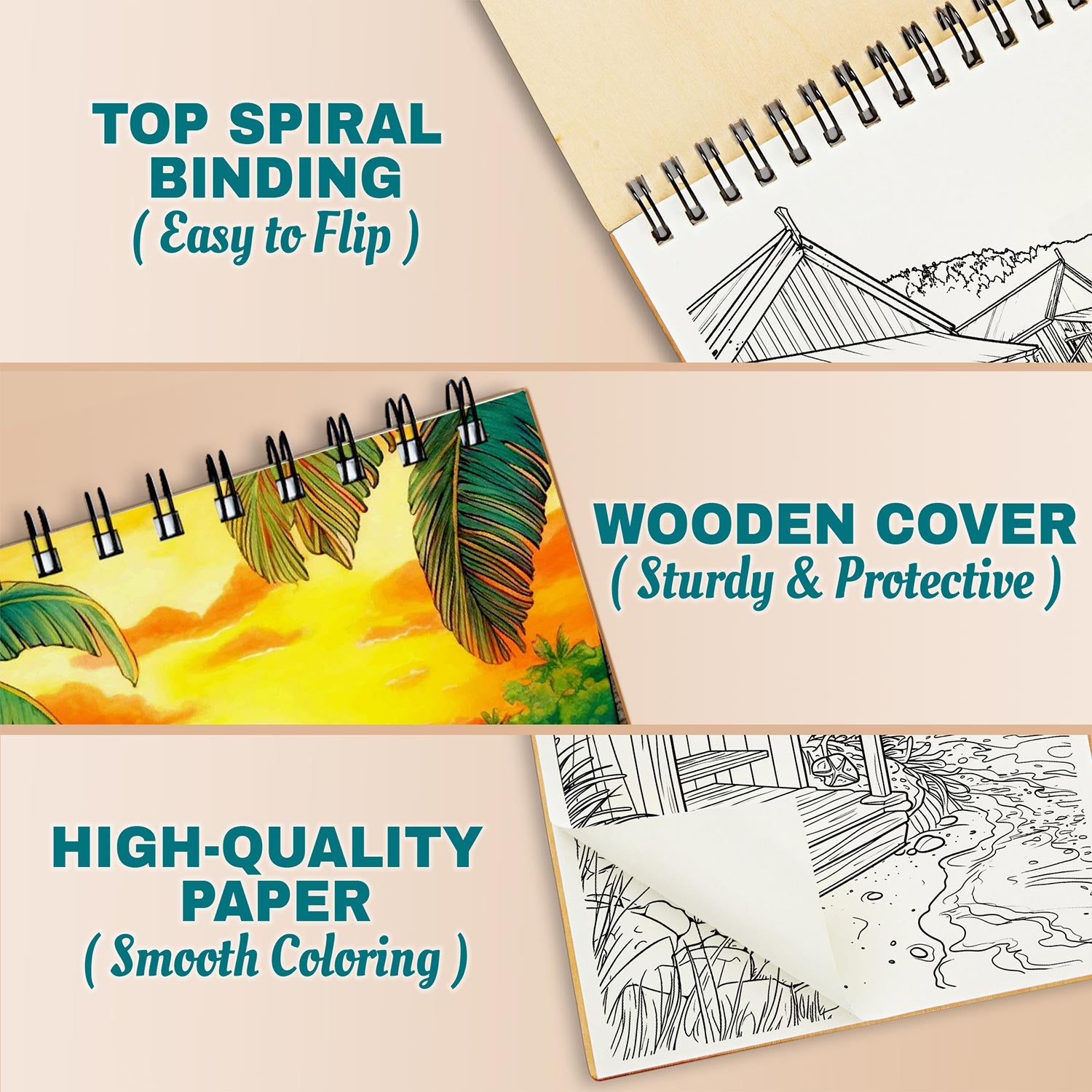 Netecom Seashore Scenes Coloring Book Spiral Bound for Adults, A5 Wooden Cover, 30 Charming Coloring Pages of Sea Landscapes for Stress Relief and Relaxation