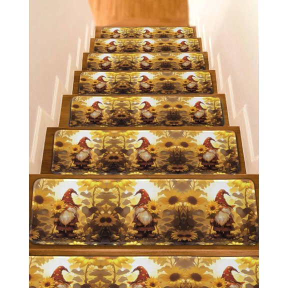 Fall Sunflowers Gnomes Stair Treads for Wooden Steps Indoor Runner Rug Carpet, Autumn Floral Botanical 10 Pieces Peel and Stick Staircase Step Treads Covers Washable Throw Door Mats, 30"x8"