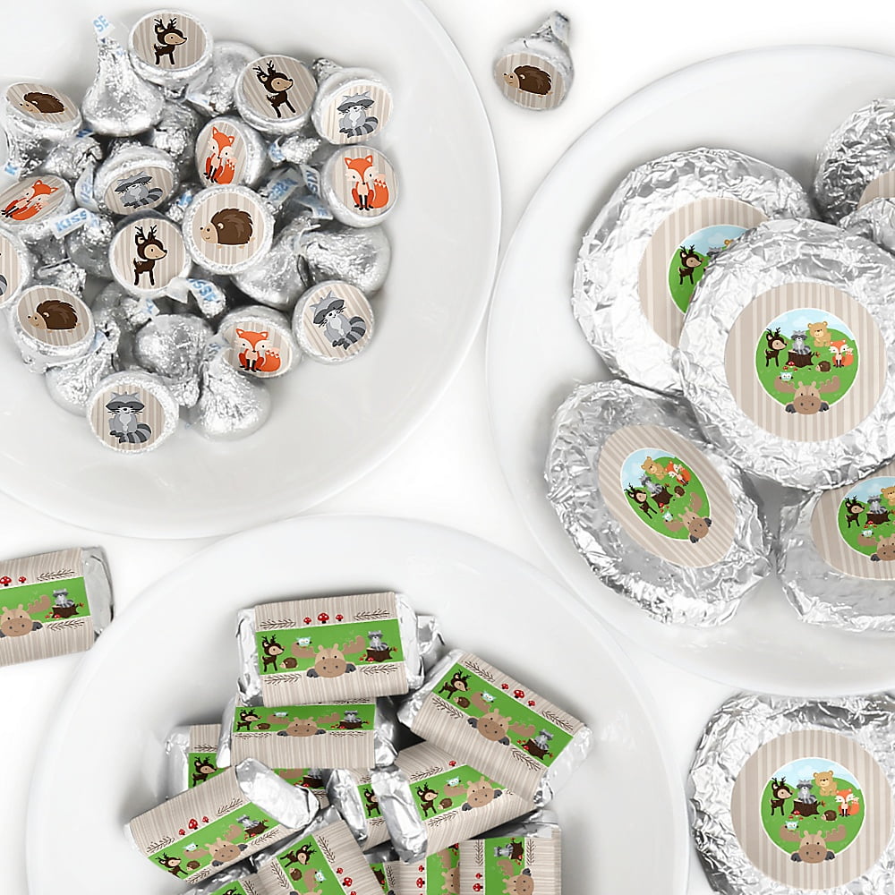 Big Dot of Happiness Woodland Creatures - Mini Candy Bar Wrappers, Round Candy Stickers and Circle Stickers - Baby Shower or Birthday Party Candy Favor Sticker Kit - 304 Pieces 