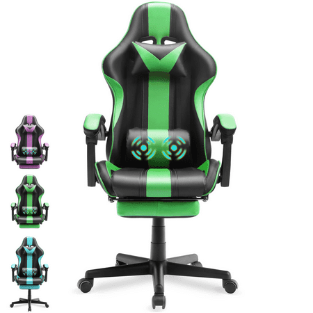 Ferghana Massage Gaming Chair, Ergonomic High Back Office Chair with Footrest & Lumbar Pillow Swivel Leather, Green