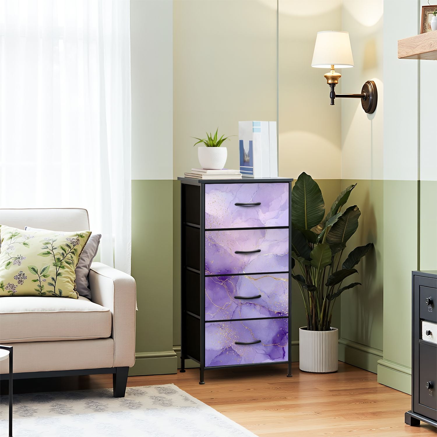 Boho Dresser for Bedroom with 4 Storage Drawers Violet lavender liquid watercolor marble golden lines Pastel purple Dressers Chest of Drawers Steel Framed Fabric Closet Organizers for Entryway
