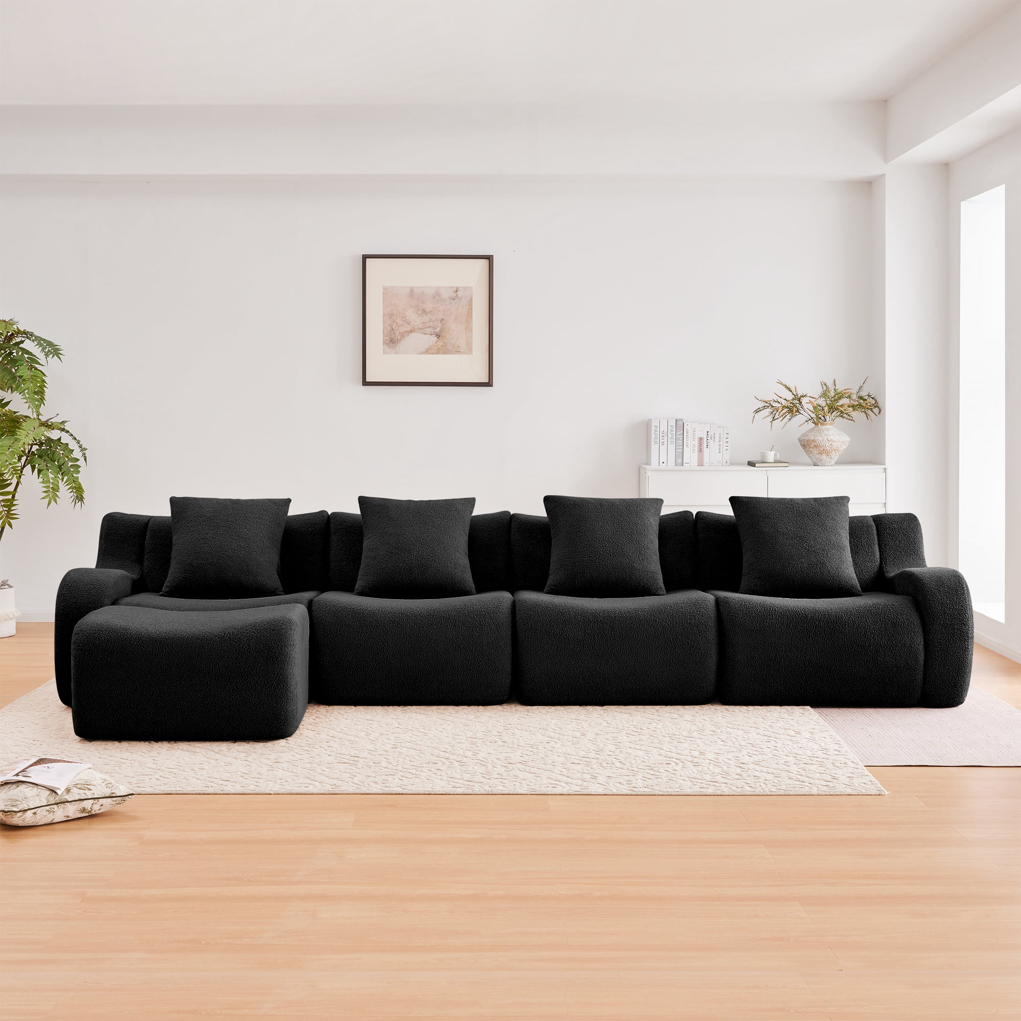 MAYEERTY 148" L-Shaped 4-Seat Teddy Fabric Boneless Sofa, Black 300lbs/seat 32D Foam No Assembly Couch with Chaise for Living Room Study