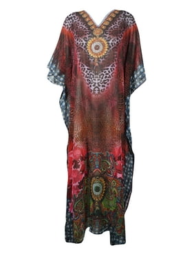 Mogul Women Beautiful Maxi Caftan Floral Print Georgette Summer Beach Cover Up Long Dresses One Size