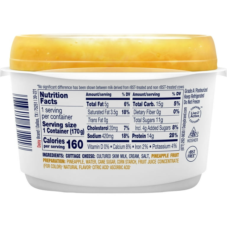 Daisy Cottage Cheese with Pineapple, 4% Milkfat, 6 oz Cup (Refrigerated) - 14g of Protein per serving