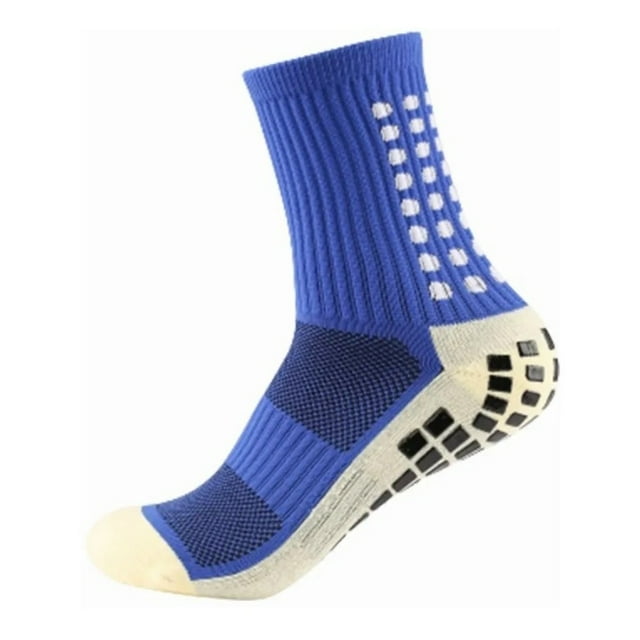 calcetines deportivos de tenis antideslizantes para adultos 39-44 calcetín azul 39-44 en vista lateral 3/4 con caña acanalada, zonas de malla transpirable en empeine y puente, puntera y talón crema reforzados, puntos y bloques antideslizantes en la planta para agarre estable; tejido de algodón y elastano, ligero y de absorción de humedad, también apto para uso en gimnasio o entrenamiento ligero.