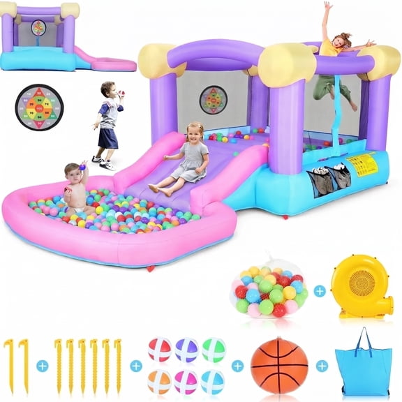 Inflatable Bounce House, 161"X82"X63" Indoor Outdoor Jumping House with 470W Blower, Water Slide Bouncy Castle for Kids Toddler 3~10 Years, Backyard Birthday Party Gifts
