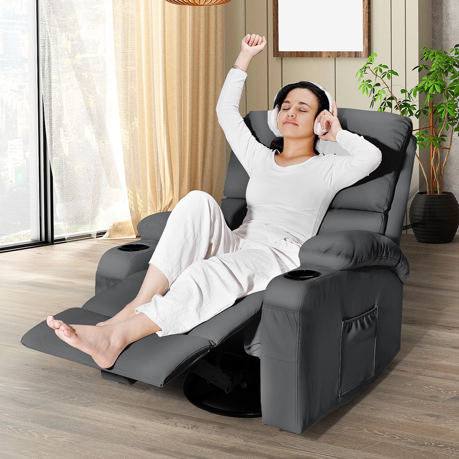 Rocking Recliner Chair, Massage Rocker Recliner Chair with Vibration Massage and Heat, USB and Type-C Ports,360° Swivel Faux Leather Chairs, Living Room, Bedroom, Nursery, RV, Dark grey
