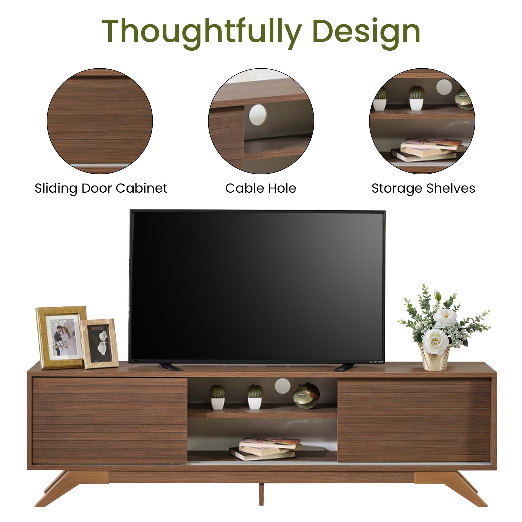 Aukfa Modern TV Stand for TVs up to 70" - TV Cabinet with 2 Sliding Door for living Room - Walnut