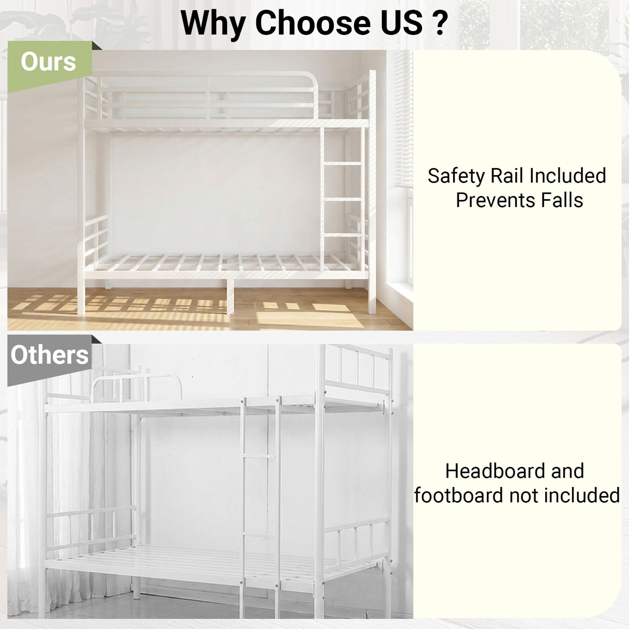 Miniyam Twin Over Twin Metal Bunk Bed Frame, Noise Free, Space Saving, White