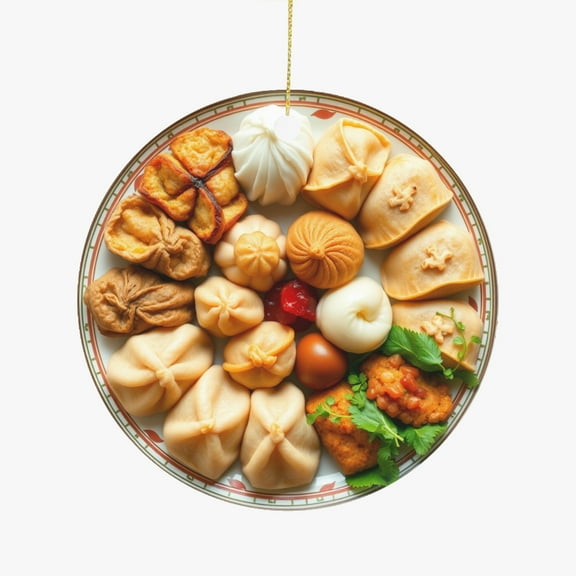 Chinese Dim Sum Assortement, China Asian Cuisine Food Lovers Foodie Novelty Holiday Christmas Ornament Xmas Tree Gift (Flat Design Printed on Ceramic, NOT 3D)