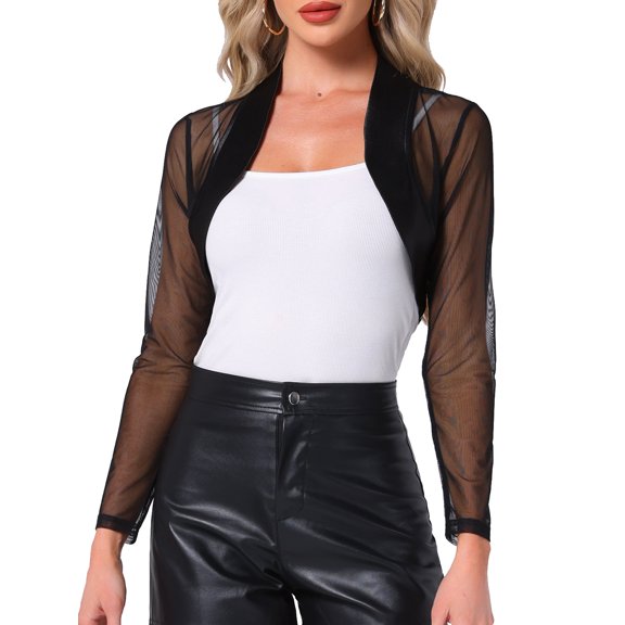 DARING DIVA Women's Mesh Coverup Open Front Long Sleeve Satin Shrug XS Black