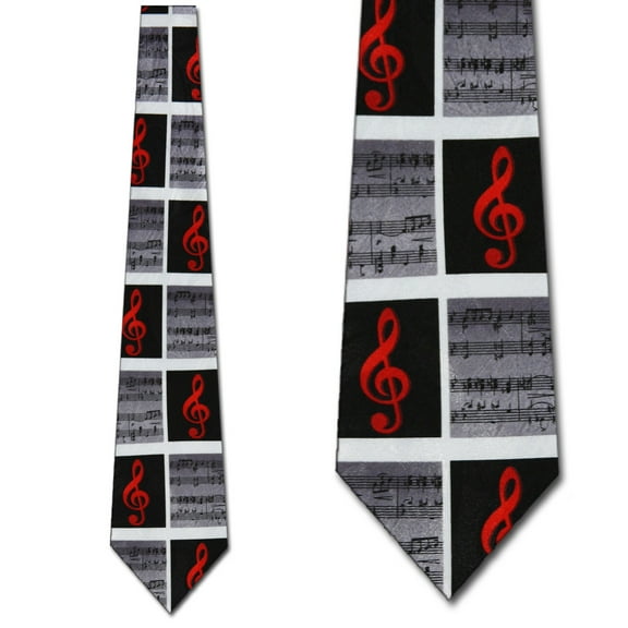 Music Notes and Clef Panel Black Necktie Mens Tie