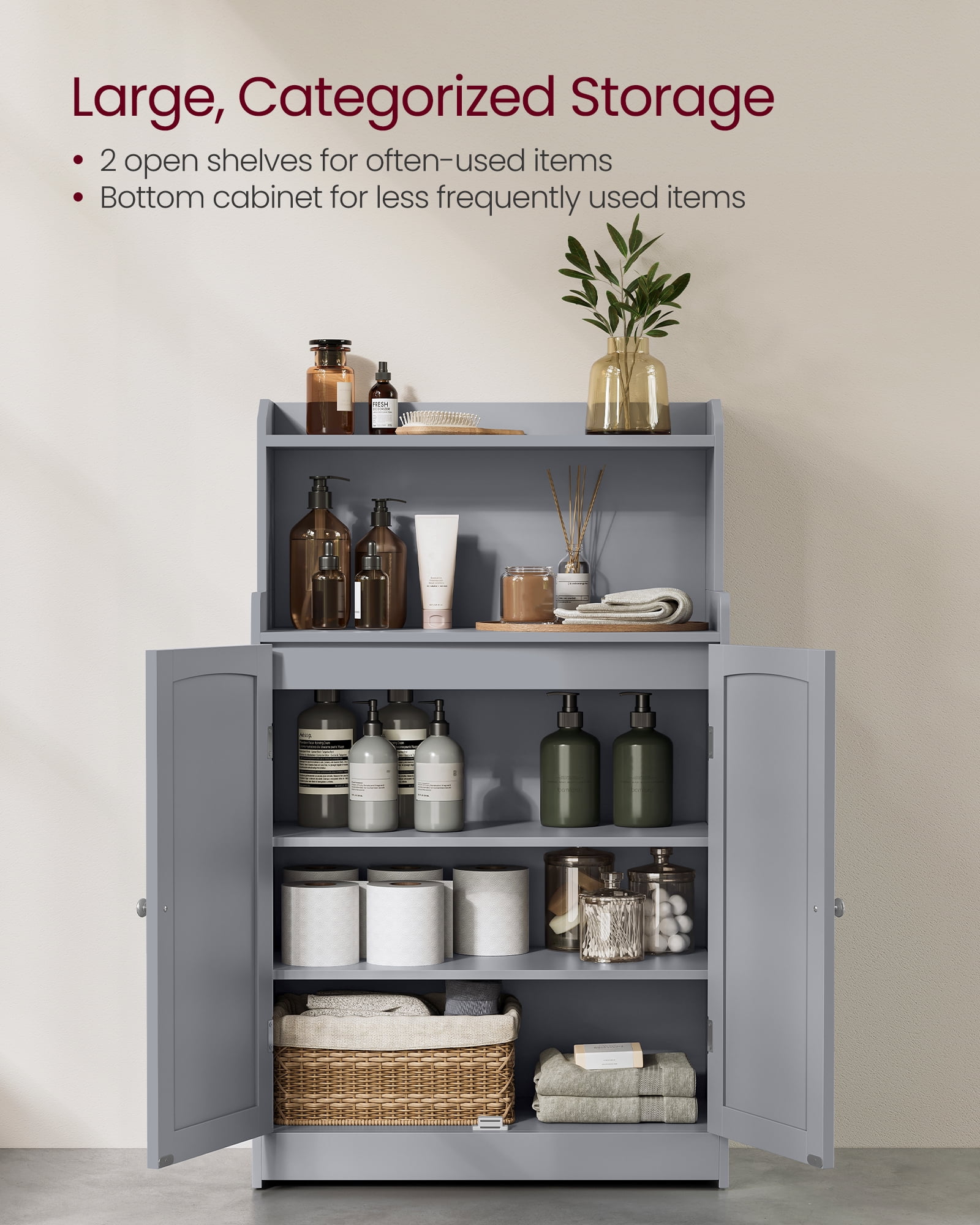 Bathroom Cabinet, Bathroom Storage Unit with 2 Doors, 2 Adjustableelves, 30 x 60 x 100 cm Storage Cabinet, for Dining Room, Kitchen, Living Room, Dove Grey
