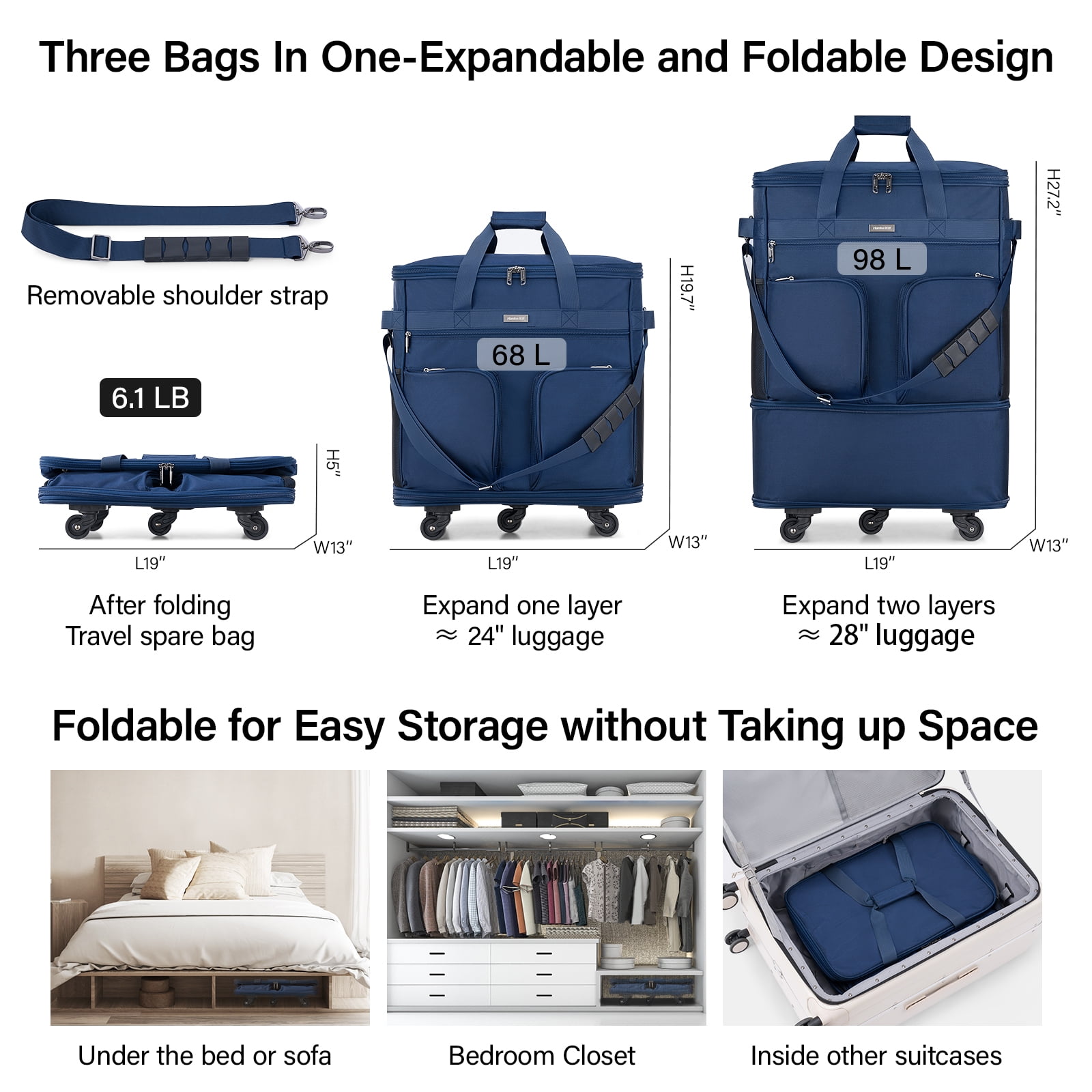 Hanke Suitcases with Wheels Expandable Foldable Luggage Bag Suitcase Collapsible Rolling Travel Bag Duffel Bag for Men Women Lightweight Suitcases,BLUE