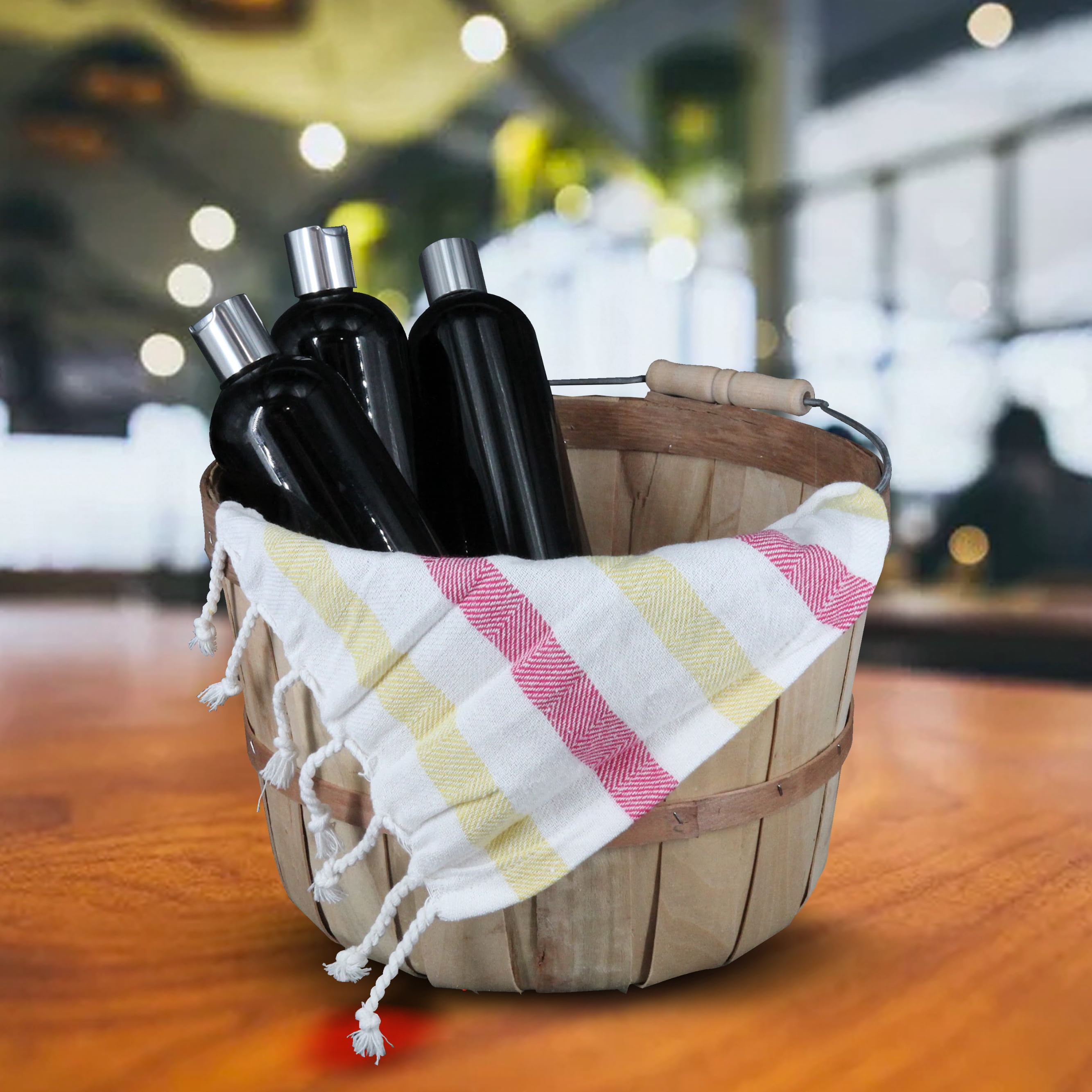 SSWBasics One Peck Basket With Handle - Set of 3 - Natural Unfinished Pine Wood Apple