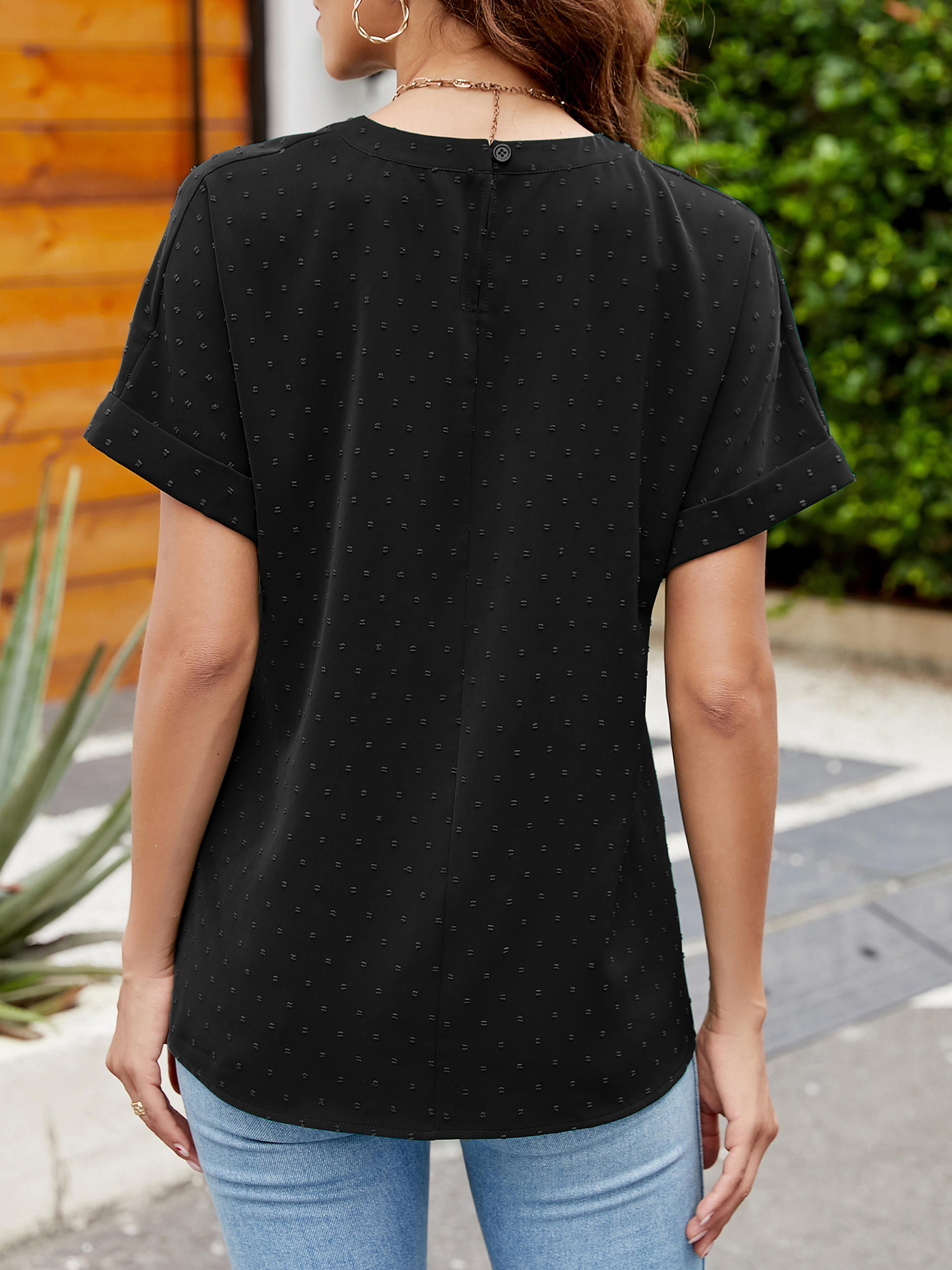 Amoretu Swiss Dot Tops for Womens Summer Crewneck Roll Up Short Sleeve Tunic Shirts Casual Work Office Blouse Shirt Black XL - image 2 of 5