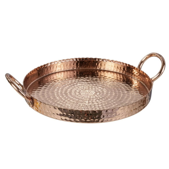 MyGift Plateau Rond en Métal Ton Cuivre de 12 Pouces avec Design Martelé Fait Main, Base de Centre de Table Décorative Ou Plat de Service - Fait Main en Inde