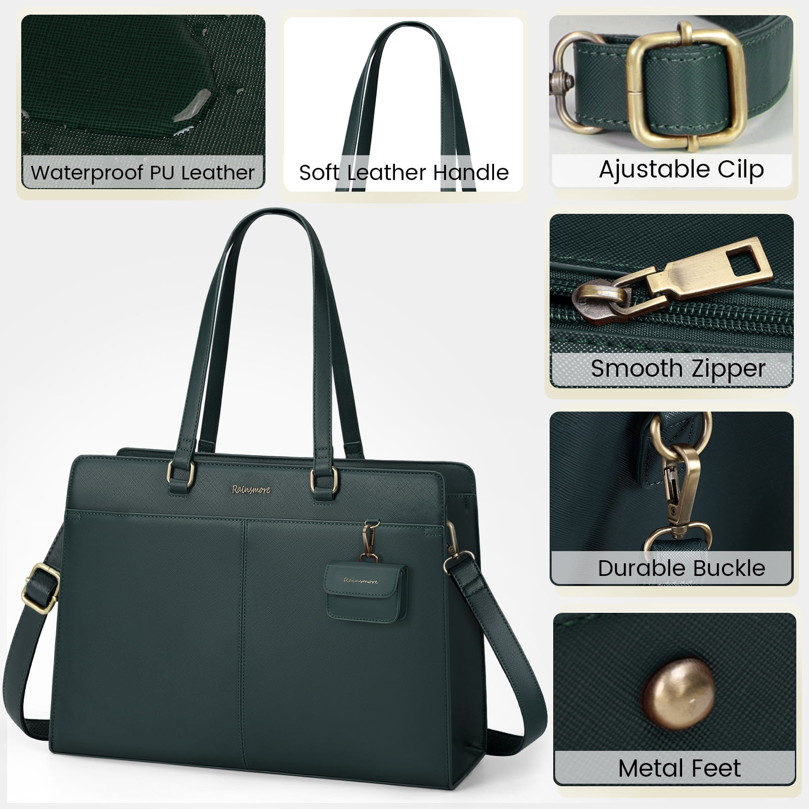 RAINSMORE Laptop Bag for Women 15.8 inch Laptop Tote Briefcase Waterproof Leather Computer Bag Work Tote Bags,Dark Green