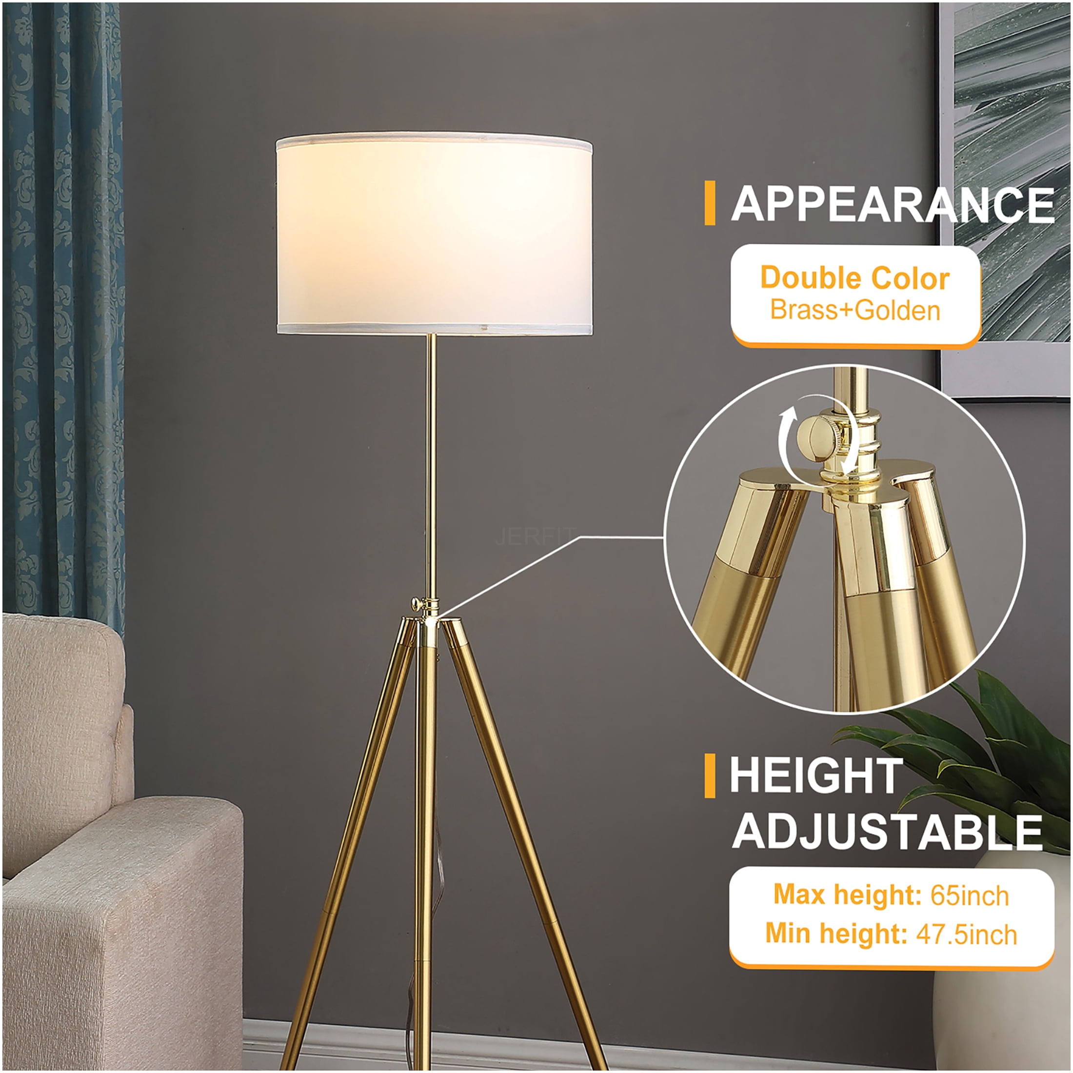 JERFIT Adjustable Tripod Floor Lamp with White Drum Shade, Modern Gold Standing Lamp for Living Room, Bedroom, Office Decor