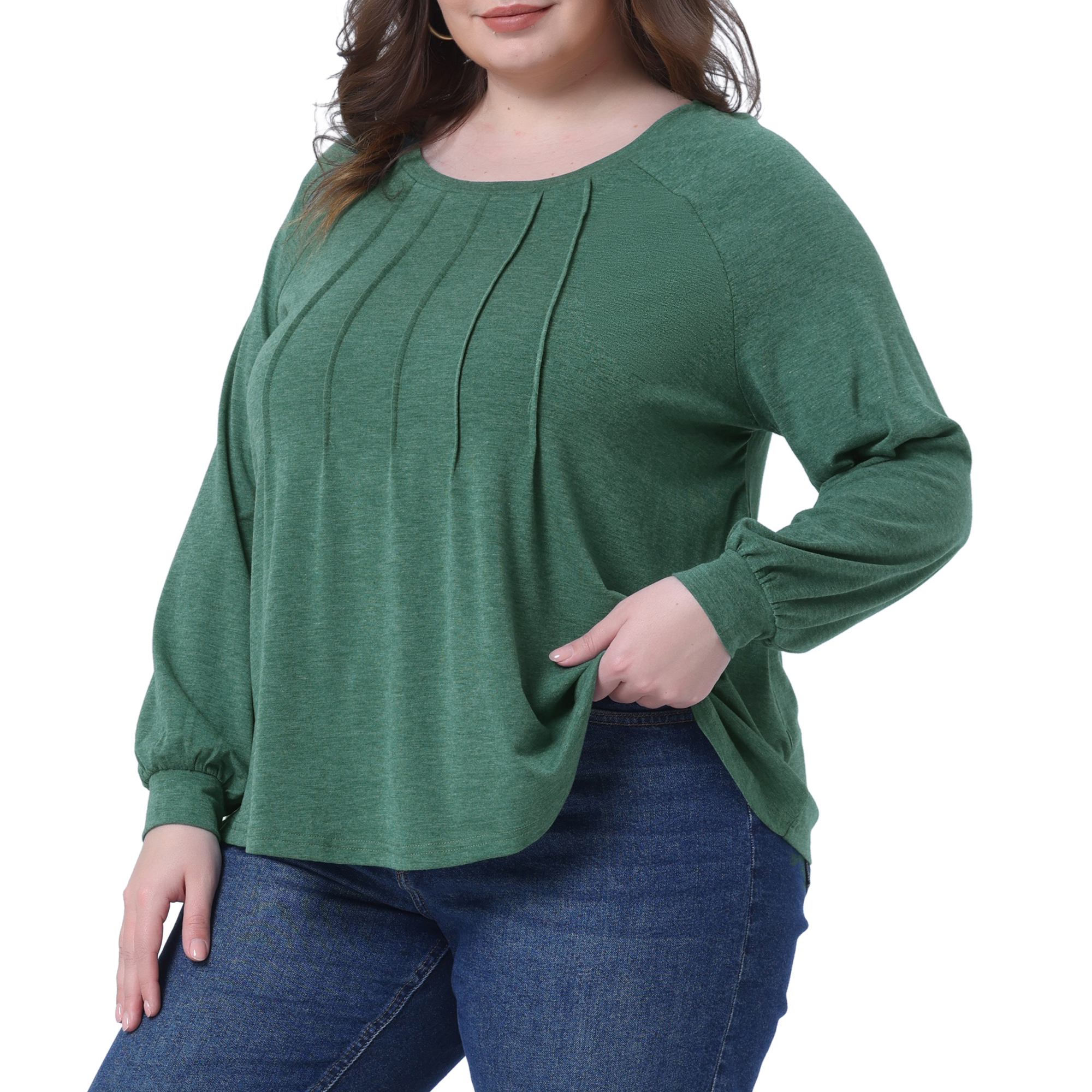 DARING DIVA Women's Plus Tunic Crew Neck Pleated Casual Blouse 1X Green