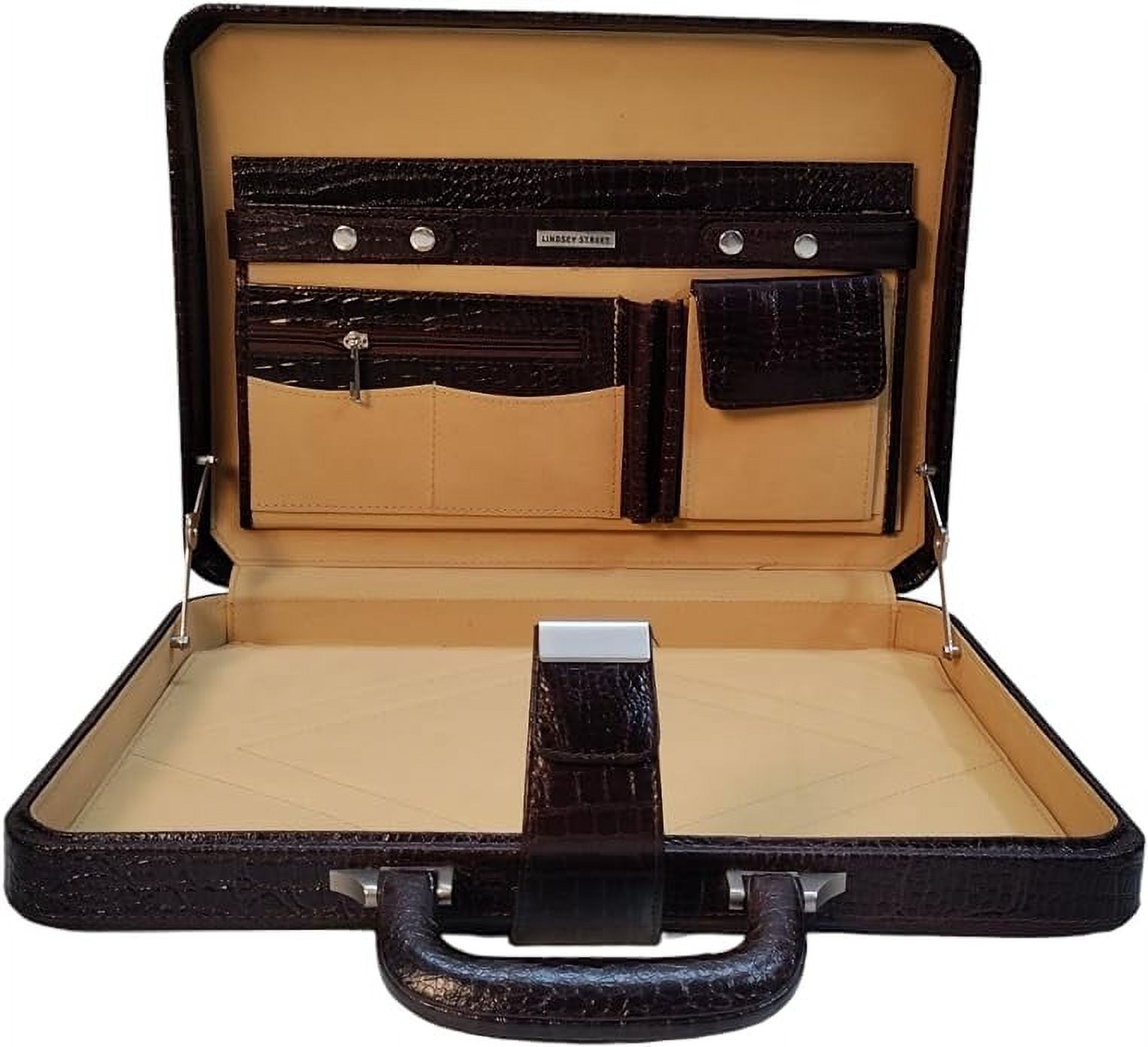 LINDSEY STREET Premium Look Genuine Leather Attache Briefcase for Mens Office Handbag 14 Inch Laptop Case (Brown)