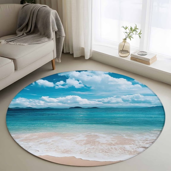 Round Rugs 4Ft, Coastal Beach Round Area Rug Washable Indoor Throw Carpet, Blue Ocean Summer Sand Mountain Shore Soft Non Slip Circle Rug for Kitchen Nursery Room Home Decor Aesthetic