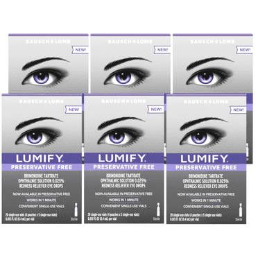 6 Pack - LUMIFY Redness Reliever Preservative Free Eye Drops, Fast Acting 20 Single Use Vials