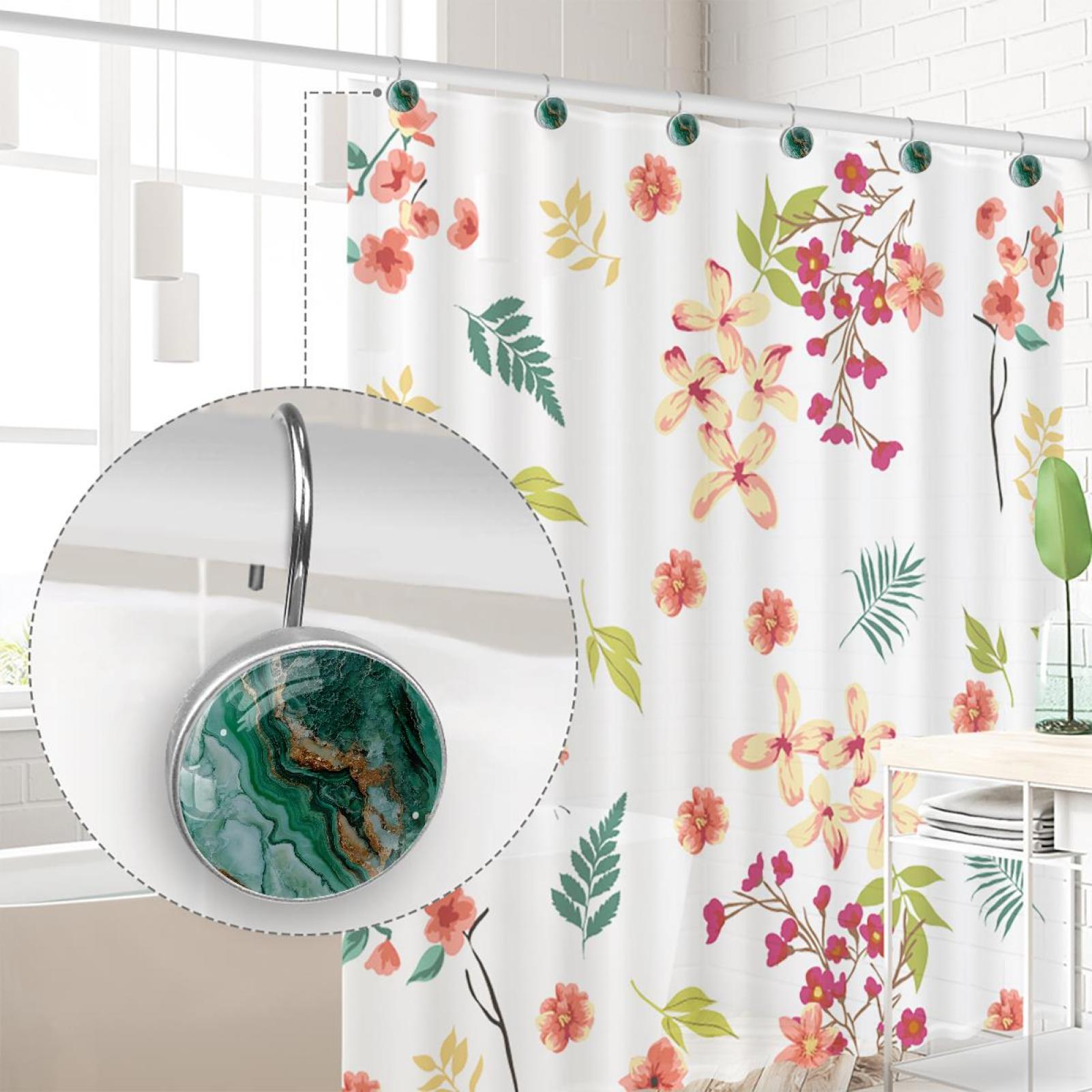 HemaKayy 12 Pcs Shower Curtain Hooks Bathroom Decorative Accessories Gold Foiled Emerald Marble