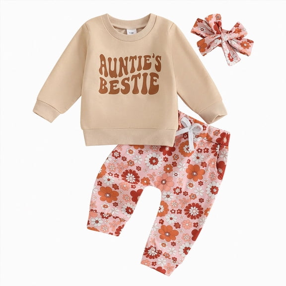 NIEWTR Baby and Toddler Matching Pajamas Girls 2Pcs Baby Girl Fall Winter Long Sleeve Knit Top with Elastic Waistband Sweatpants Loungewear Soft Breathable (A-Beige,0-6 Months)