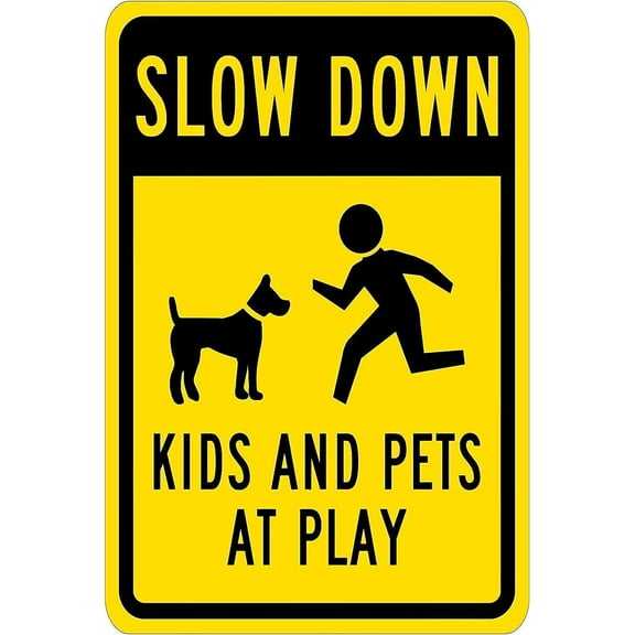 Warning Sign Slow Down - Kids Pets at Play Graphic, Black on Yellow Road Sign Business Sign 8X12 Inches Aluminum Metal Tin Sign