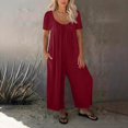 thumbnail image 2 of Women Short Sleeve Scoop Neck Wide Leg Jumpsuit Casual Loose Outfit with Pockets, 2 of 5
