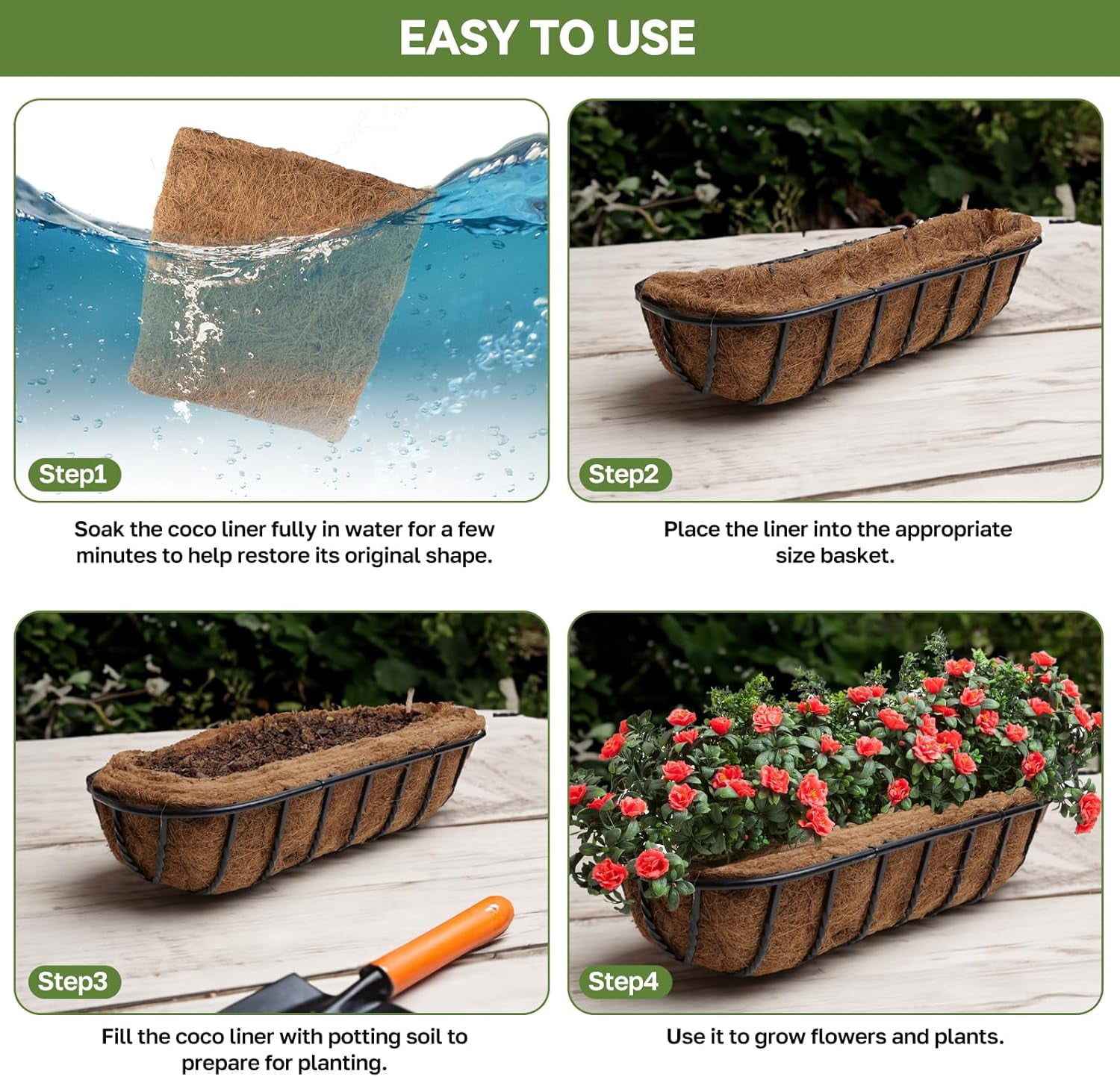 2 Pack Trough Coco Fiber Replacement Liner, 16 inch Coconut Coir Planter for Window Box/Hanging Trough Planter, Garden Flower Vegetables Pot