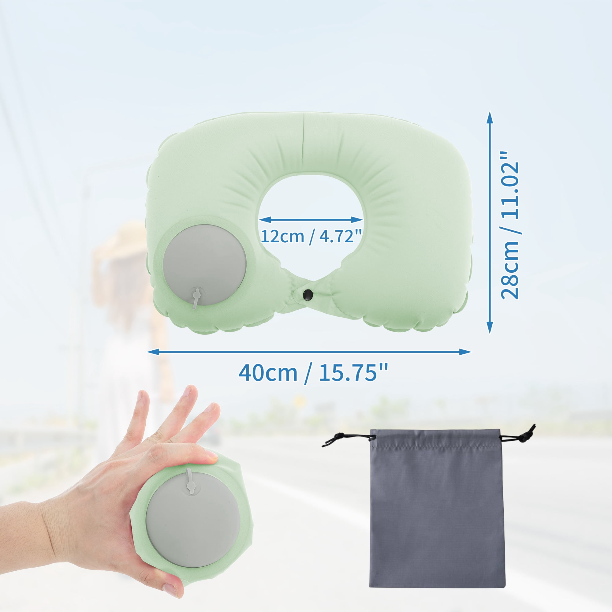 Unique Bargains Travel Pillow Press to Inflate Neck Pillow Light Green 15.75"x11.02"