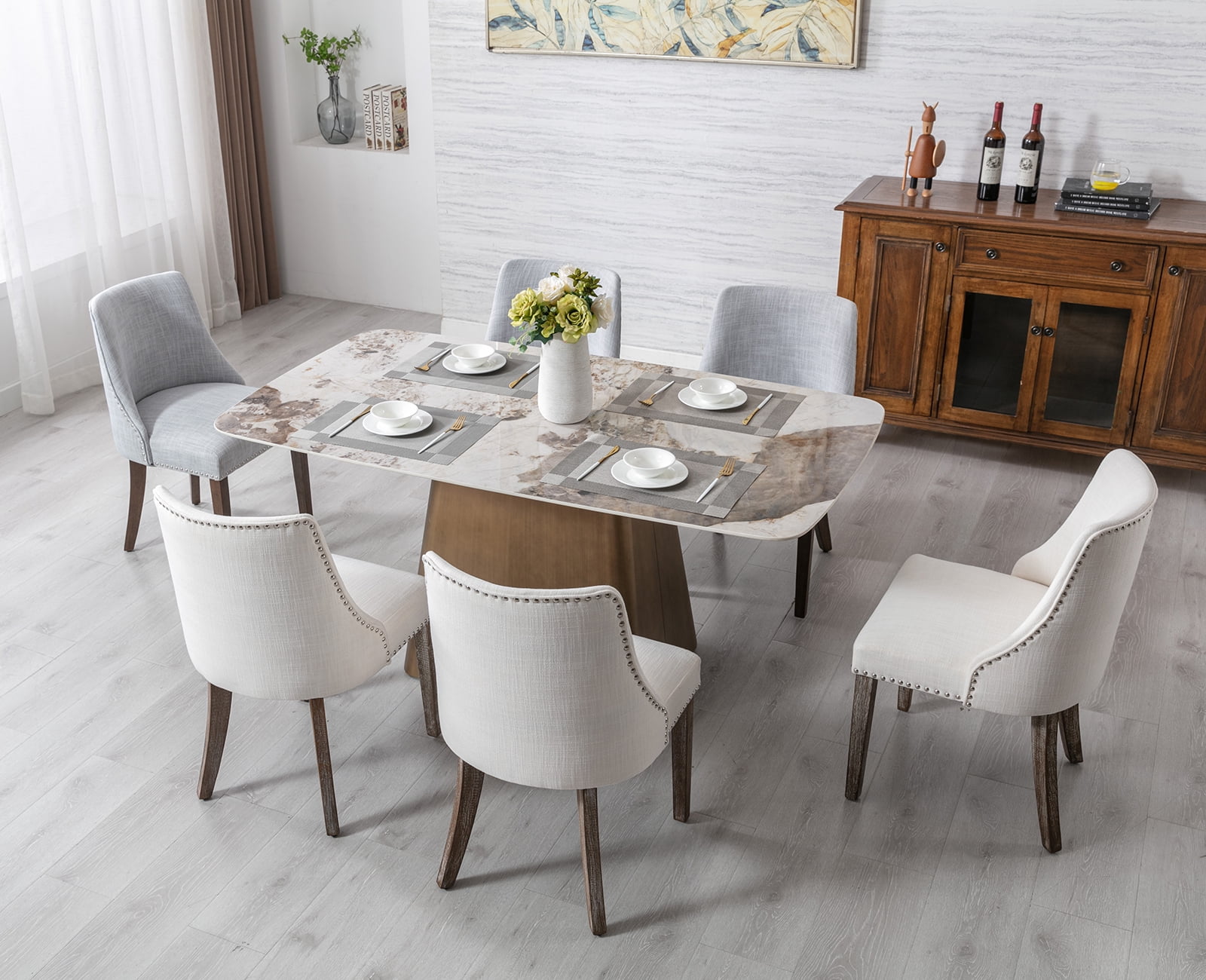 Guyou Dining Chairs Set of 2, Mid Century Modern Linen Upholstered Farmhouse Side Chairs with Nailhead and High Back for Kitchen Restaurant, Grey