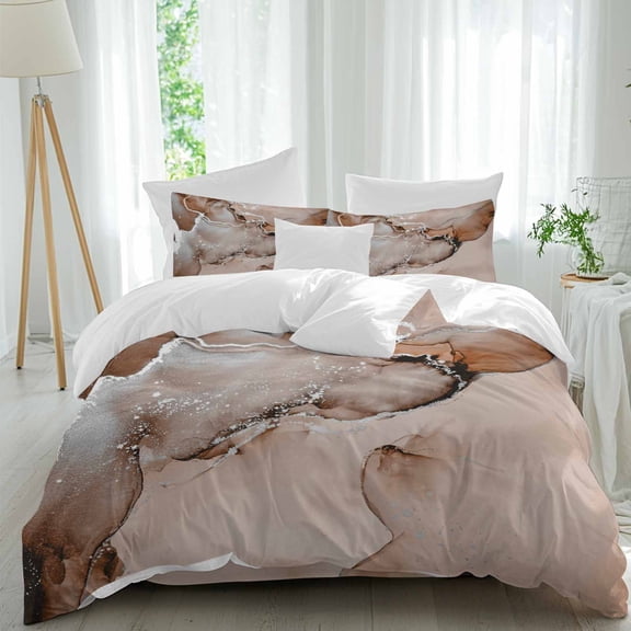 Queen 4 Piece Bedding Set Silver Brown Marble Ripples Soft Breathable Duvet Cover and Pillowcase,Abstract Fluid Art Duvet Cover Set Washable Bed Sheets for Bedroom Dormitory Guest Room