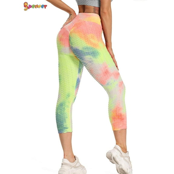 Spencer Women's High Waist Yoga Pants Tie Dye Textured Capris Tummy Control Slimming Booty Leggings Workout Butt Lift Tights (L, Yellow Red)