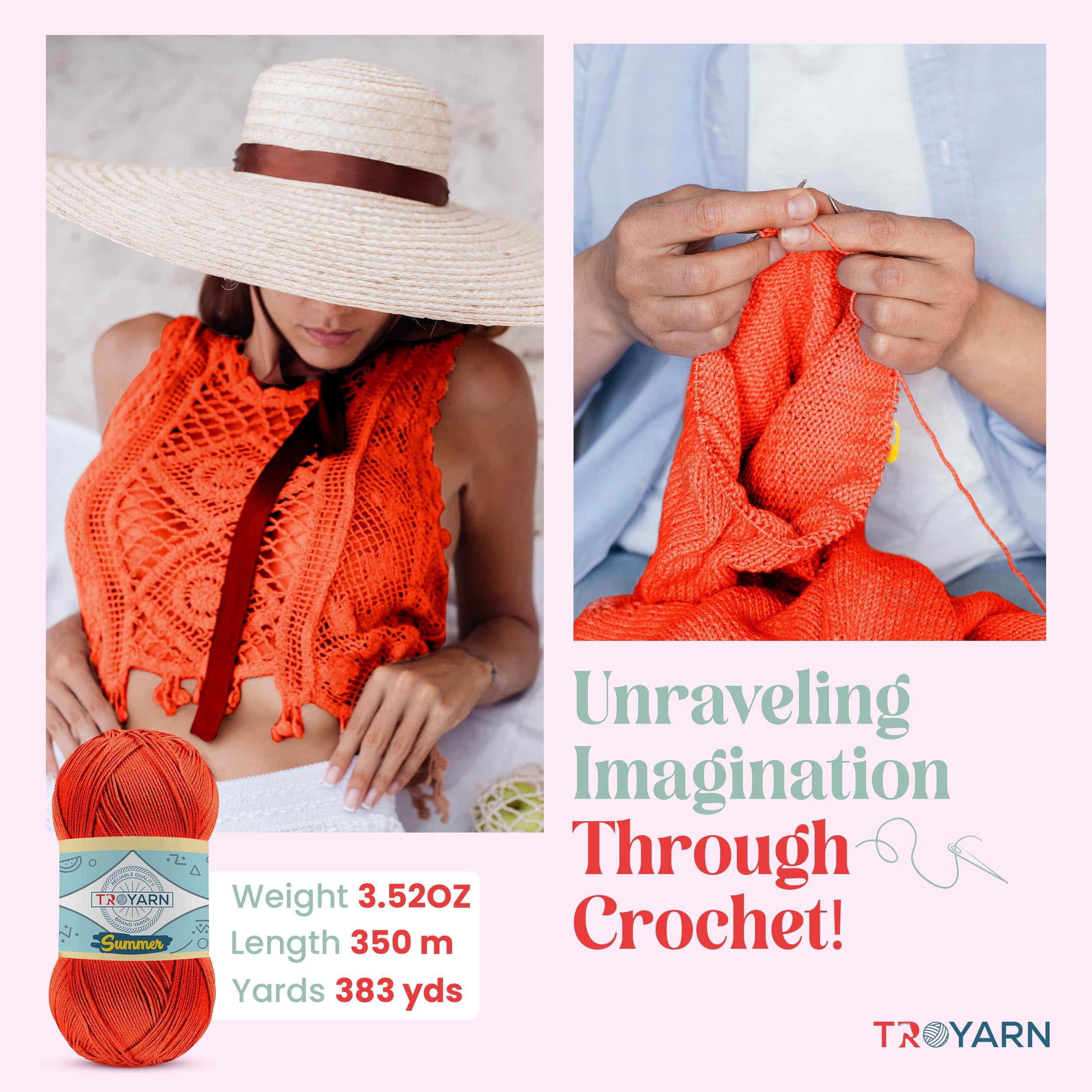 TROYARN Summer (4- Skeins Pack) Silk Effect Hand Knitting Yarn Crochet Art Lace Craft 100% Microfiber Acrylic 4x100 gr (4x383 yds) (105037 - Orange)