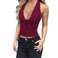 thumbnail image 2 of Lace Crop Tank Tops for Women Going Out Halter Sleeveless Ruched Tops Trendy Y2K Summer Outfits Red XL, 2 of 8
