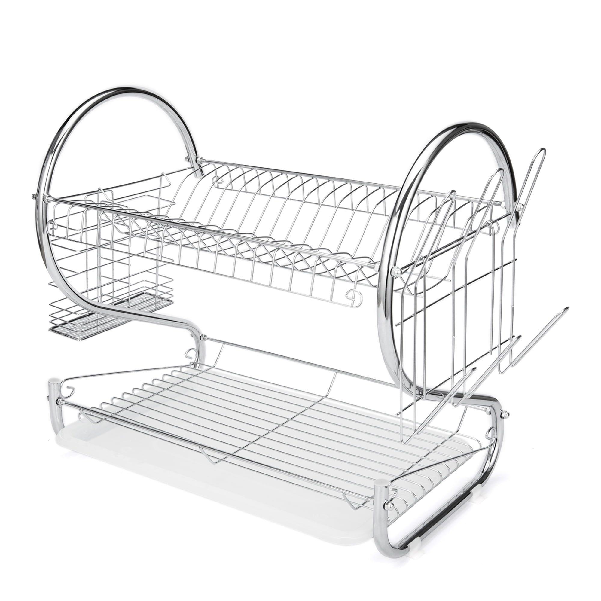  slhsy Dish Drying Rack,2 Tier Dish Racks for Kitchen Counter,  Rust-Proof Dish Drainer,Large Dish Drying Rack with Drainboard,Utensil  Holder,Knife Block and Drying Mat