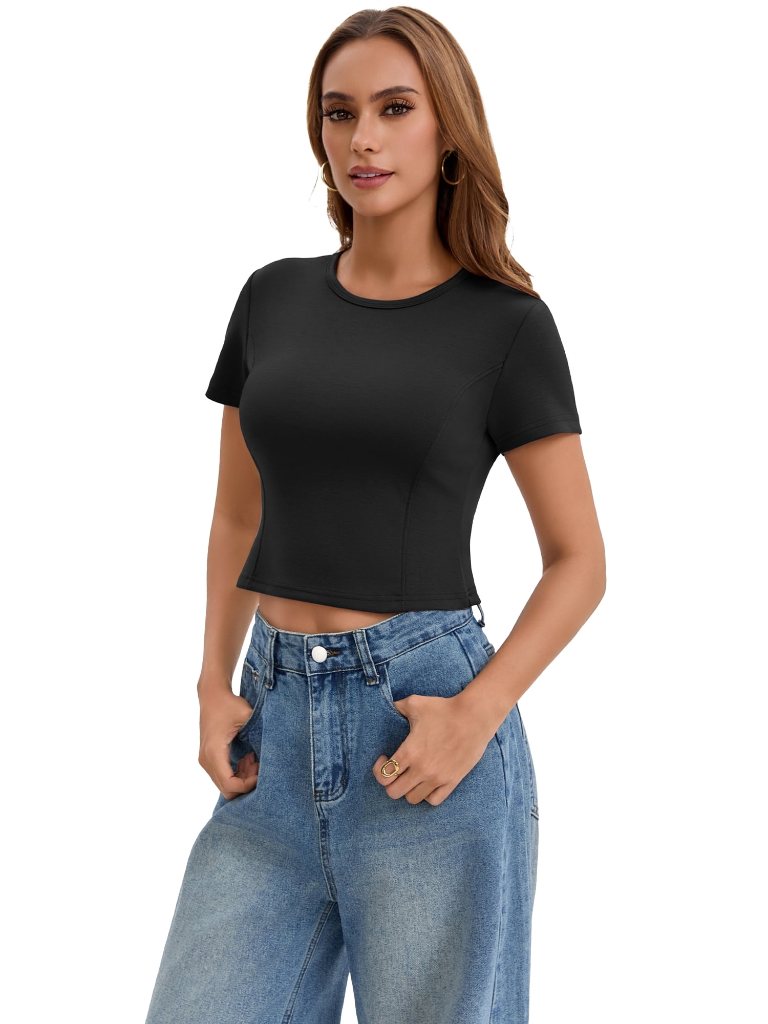 DARING DIVA Women's Cropped Basic Tees with Short Sleeves and Crewneck XL Black