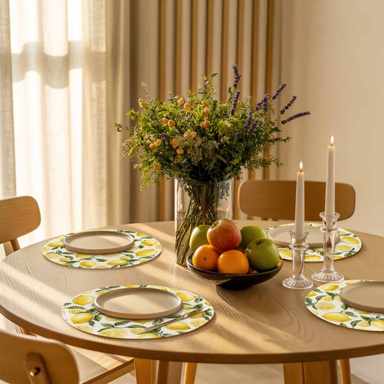 Summer Yellow Lemons Round Table Placemats set of 8, Watercolor Green Floral Leaves Washable Woven Place Mats for Dining Tables Kitchen Party Decor,Heat Proof, 15in,