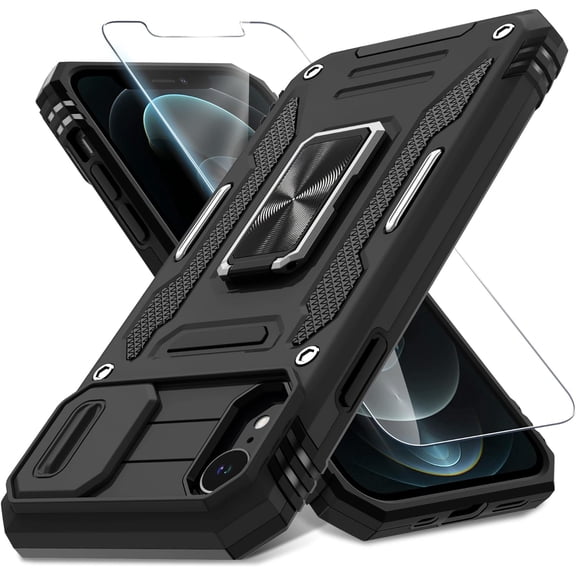 for iPhone XR Case with Slide Camera Cover Screen Protector (1 Pack),Rotated Ring Kickstand Military Grade Shockproof Protective Cover 6.1 Inch-Black