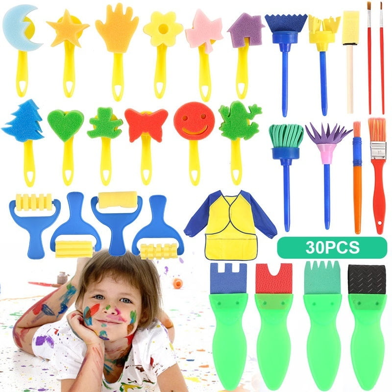 Willstar 30Pcs Kids Painting Brushes Sponges Paint Apron Set for Children Toddler